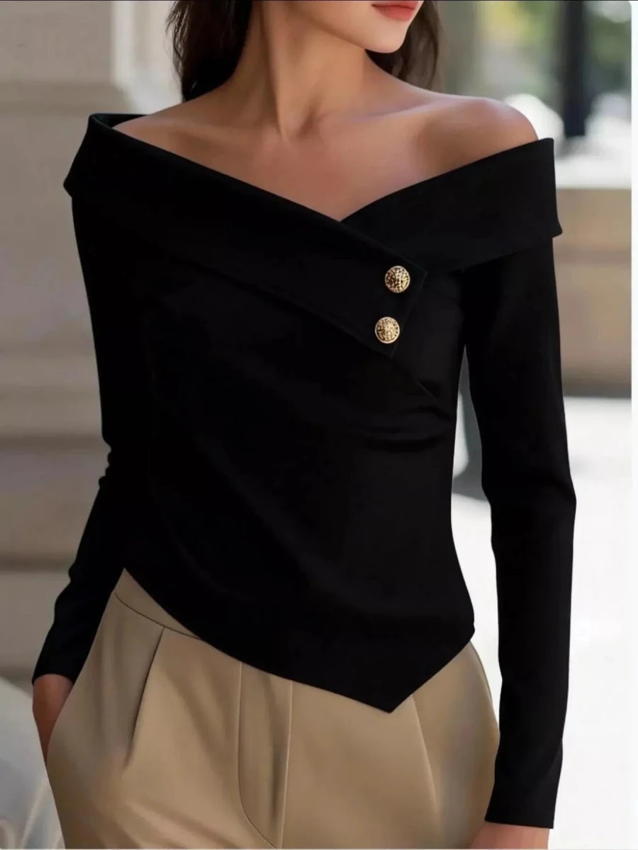 Off - Shoulder Blouse with Button Detail - 