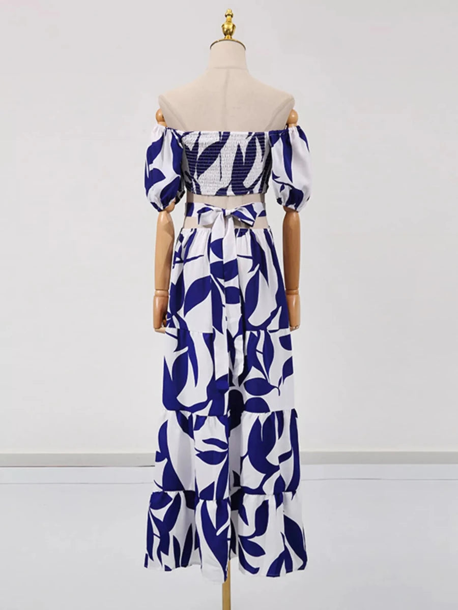 Off - Shoulder Cutout Leaf Print Maxi Dress - 