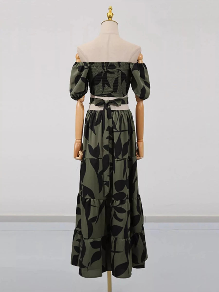 Off - Shoulder Cutout Leaf Print Maxi Dress - 