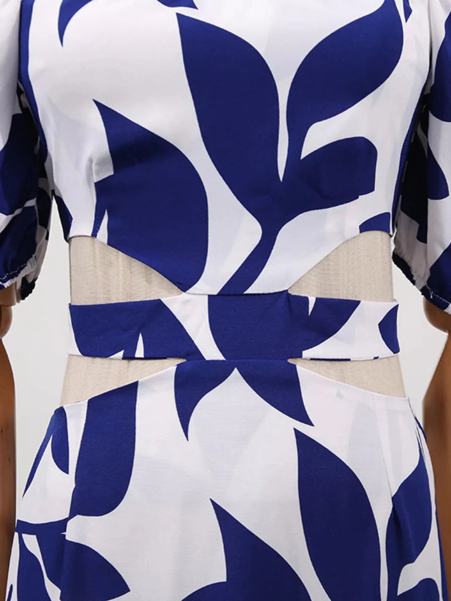Off - Shoulder Cutout Leaf Print Maxi Dress - 