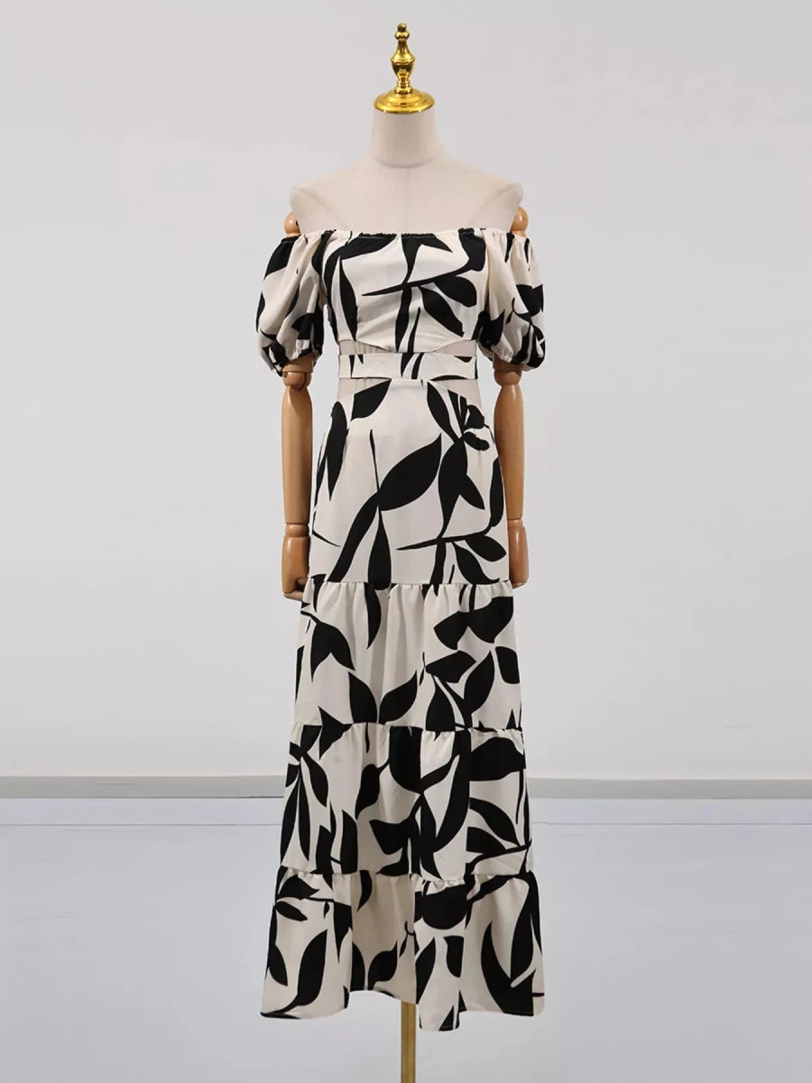 Off - Shoulder Cutout Leaf Print Maxi Dress - 