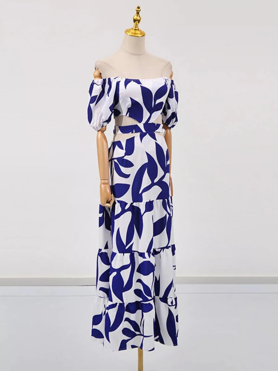 Off - Shoulder Cutout Leaf Print Maxi Dress - 
