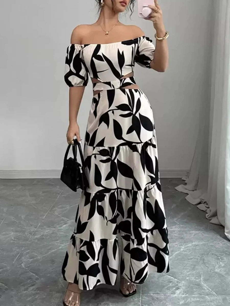 Off - Shoulder Cutout Leaf Print Maxi Dress - 