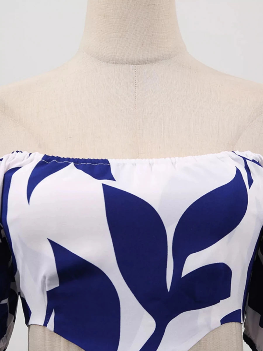 Off - Shoulder Cutout Leaf Print Maxi Dress - 