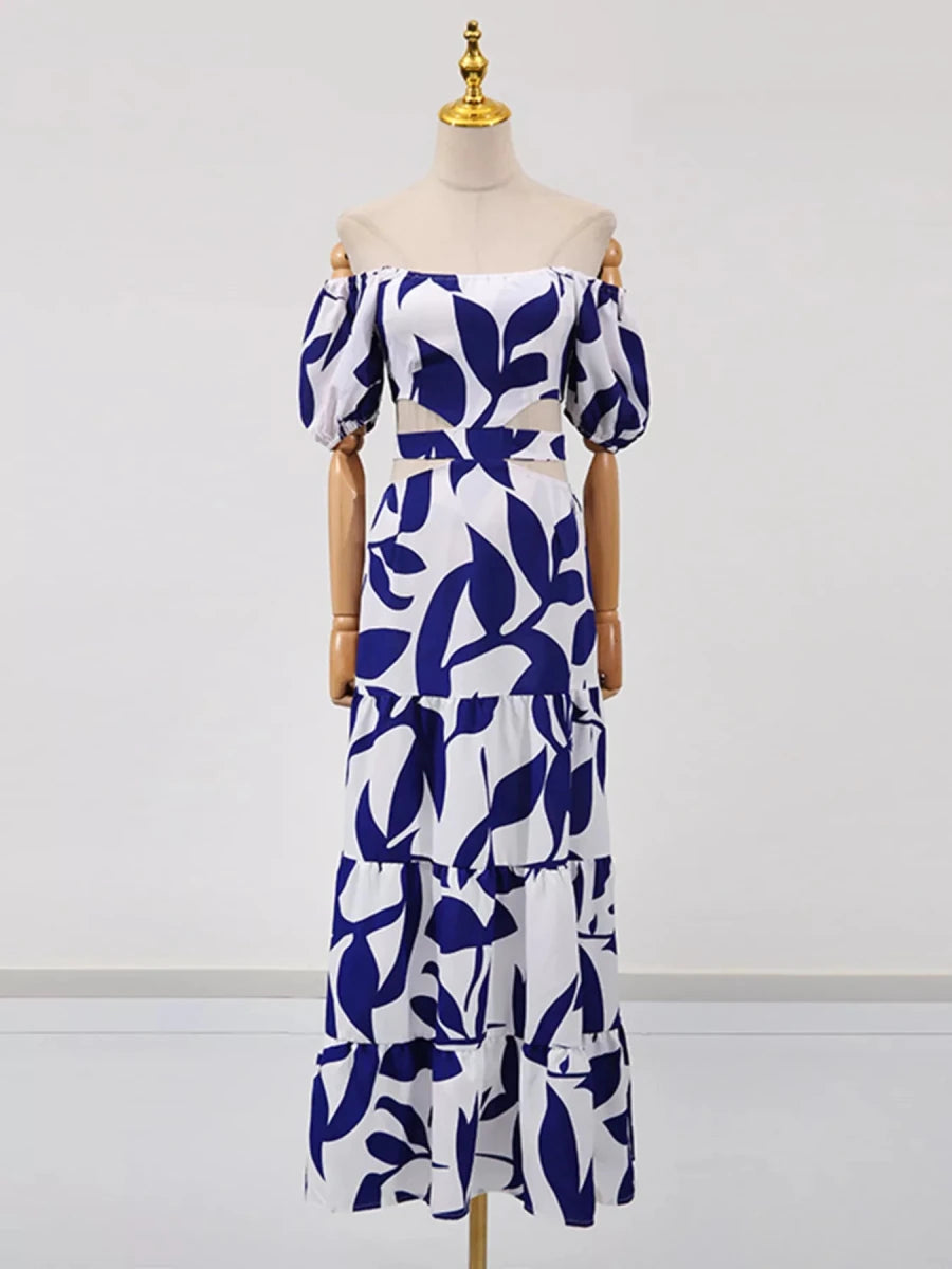 Off - Shoulder Cutout Leaf Print Maxi Dress - 
