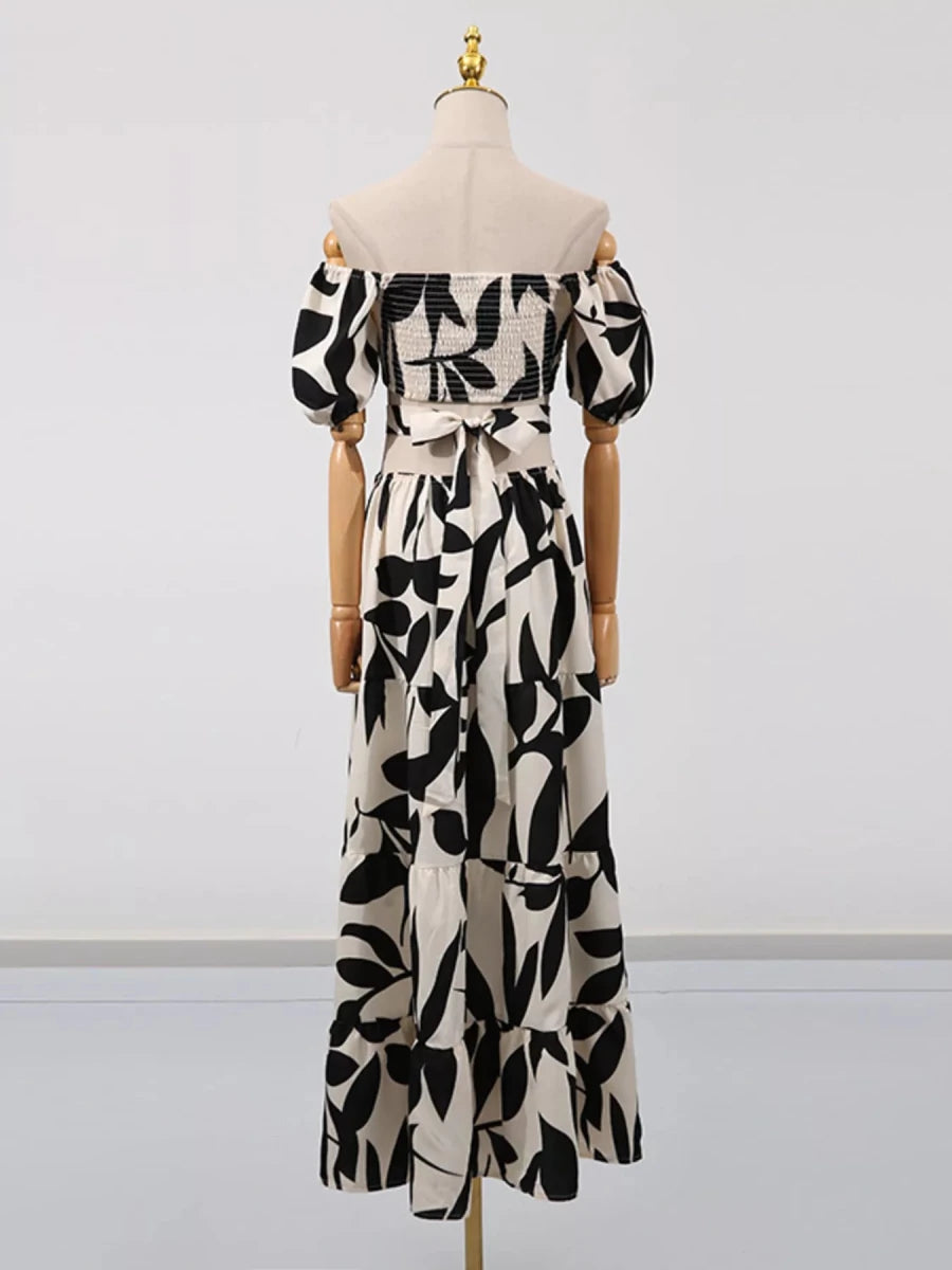 Off - Shoulder Cutout Leaf Print Maxi Dress - 