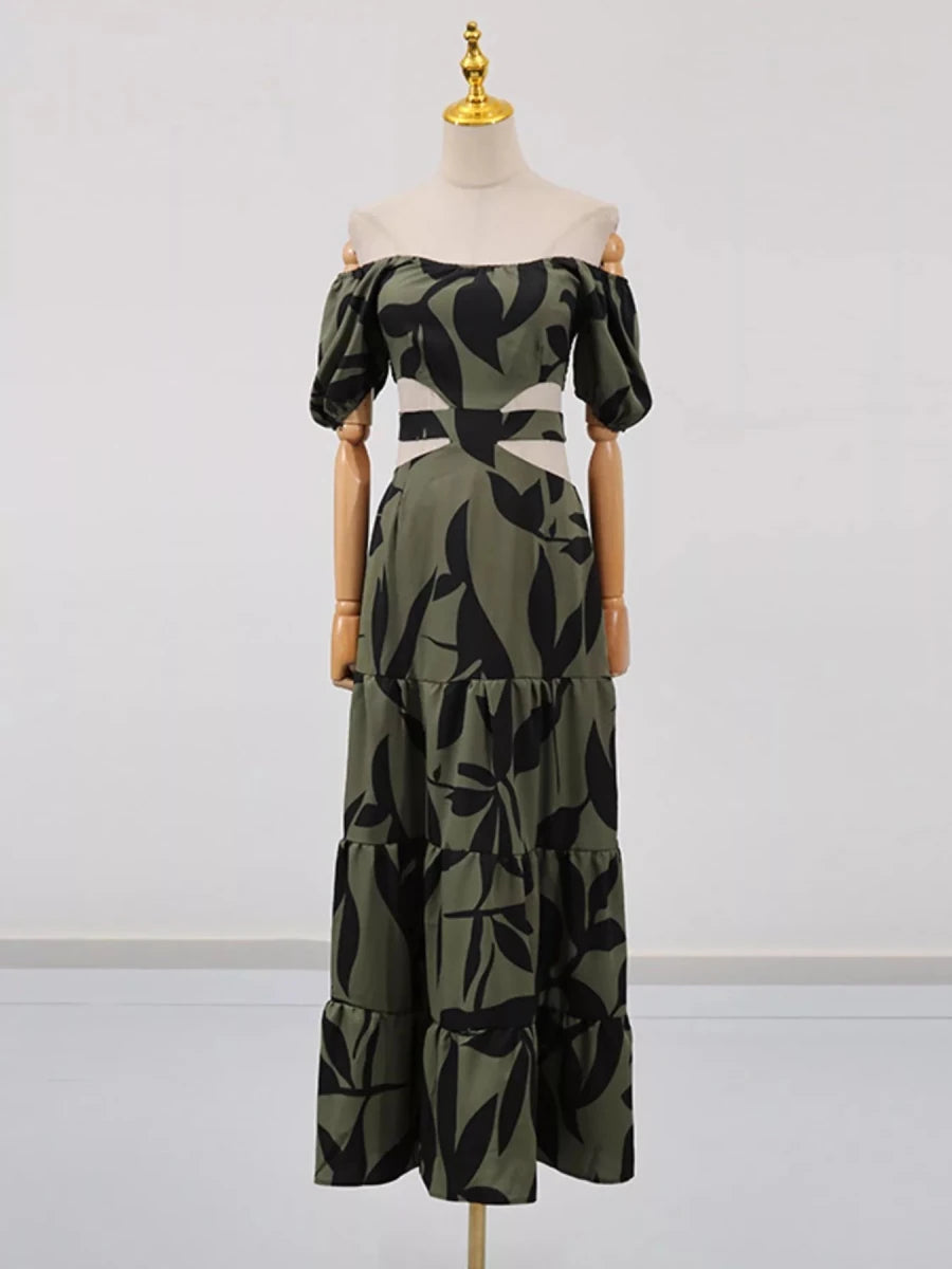 Off - Shoulder Cutout Leaf Print Maxi Dress - 