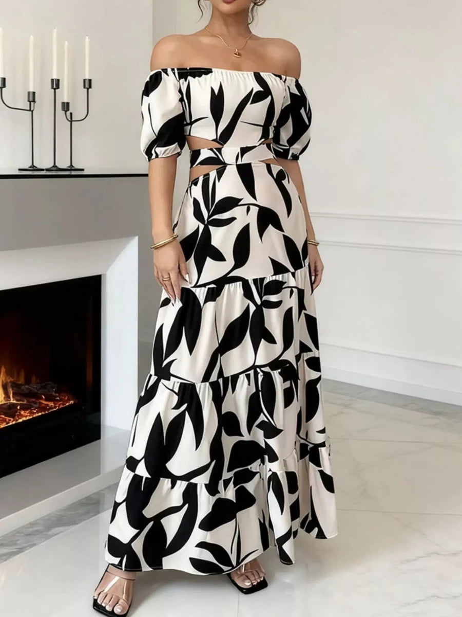Off - Shoulder Cutout Leaf Print Maxi Dress - 