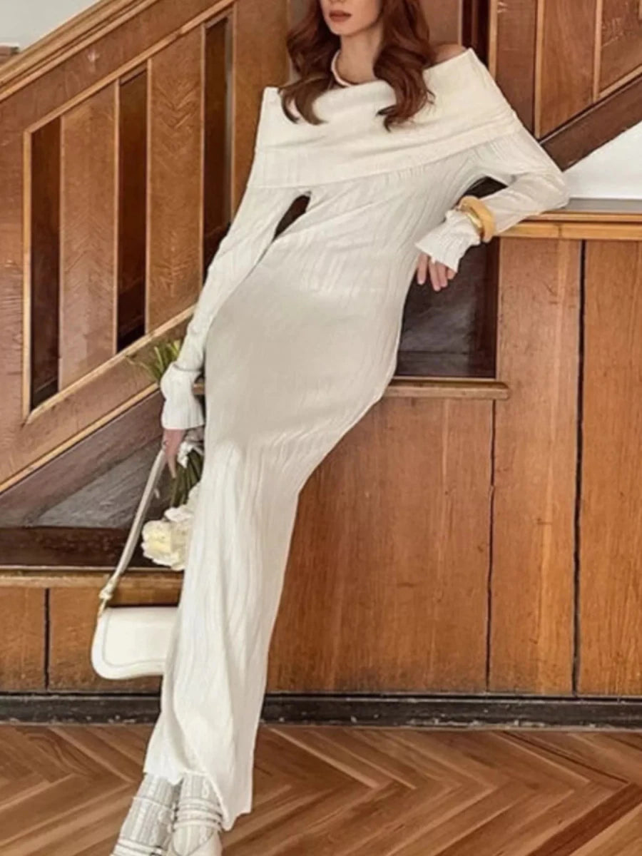 Off - Shoulder Knit Maxi Dress - 