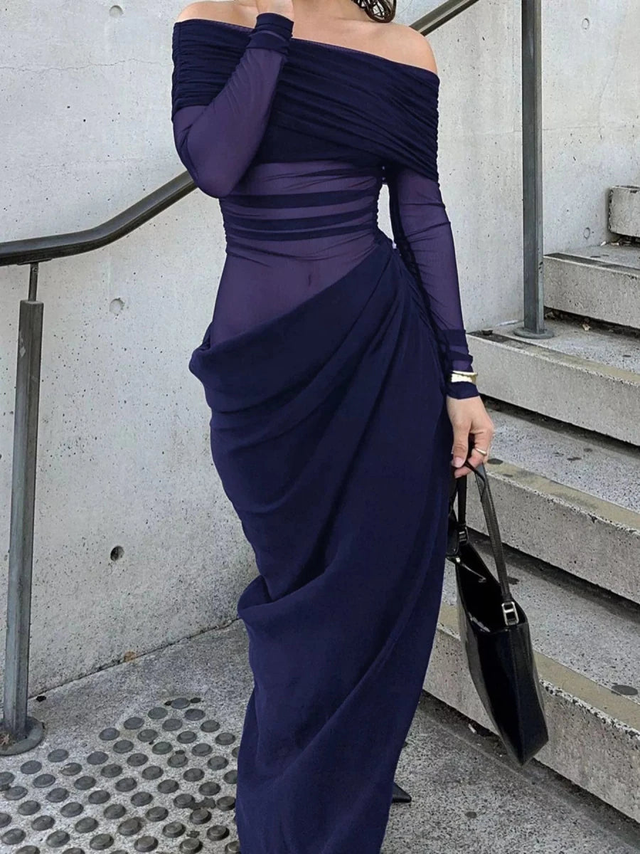 Off - Shoulder Ruched Bodycon Maxi Dress - 