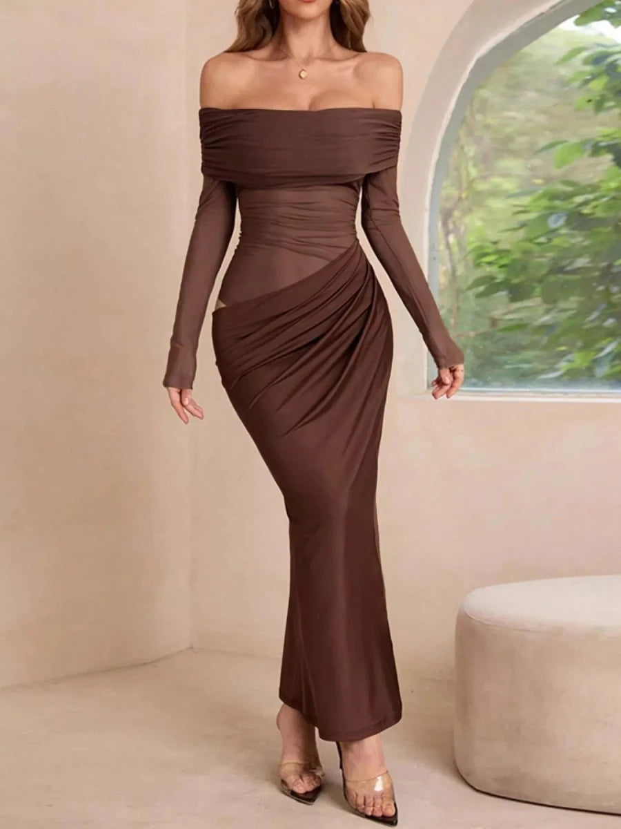 Off - Shoulder Ruched Bodycon Maxi Dress - 