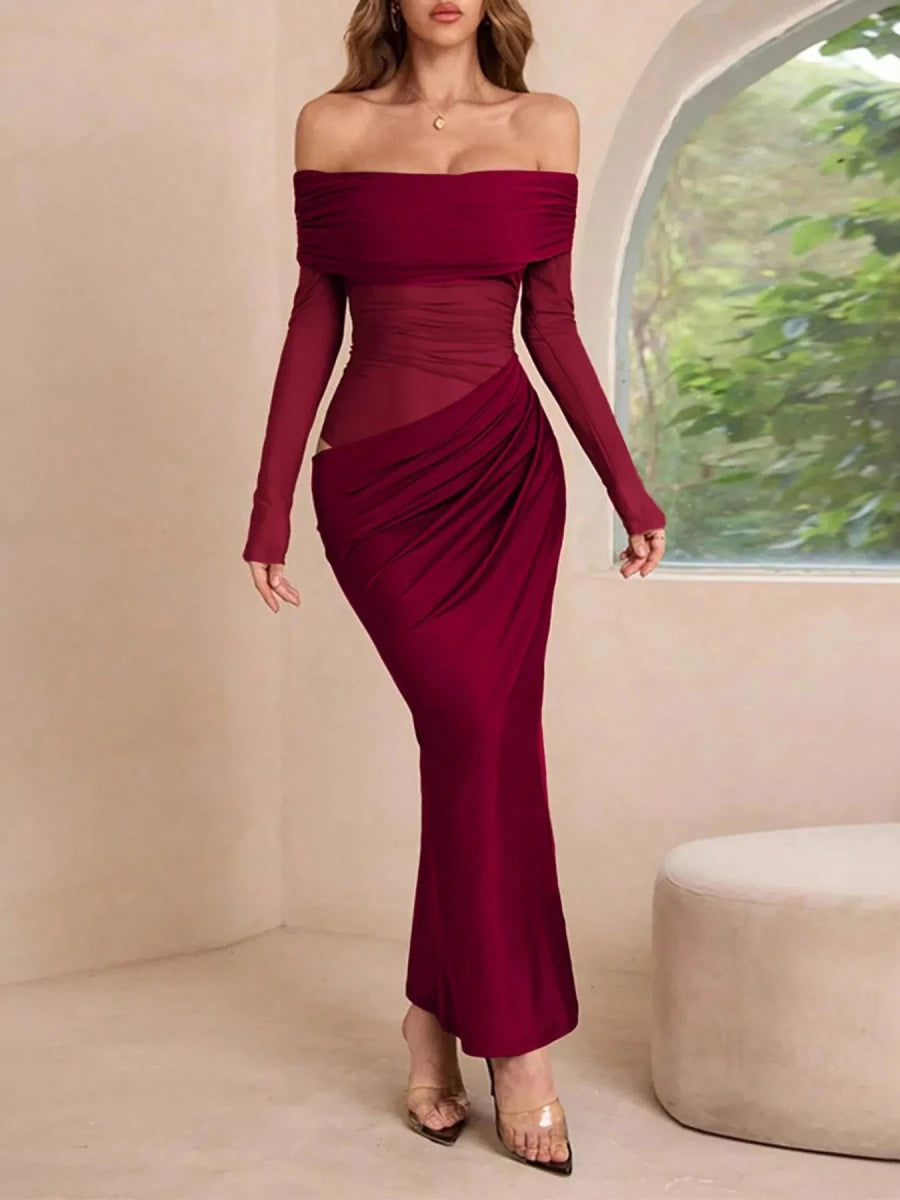 Off - Shoulder Ruched Bodycon Maxi Dress - 