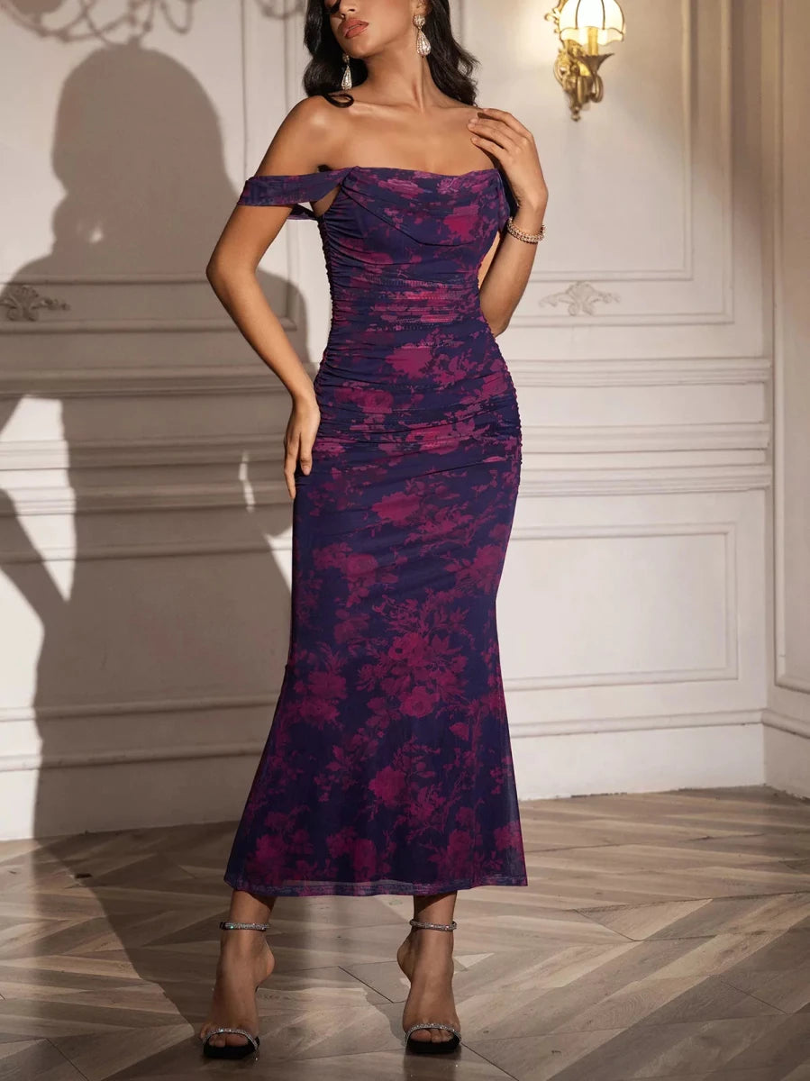 Off - Shoulder Ruched Floral Mermaid Dress - 