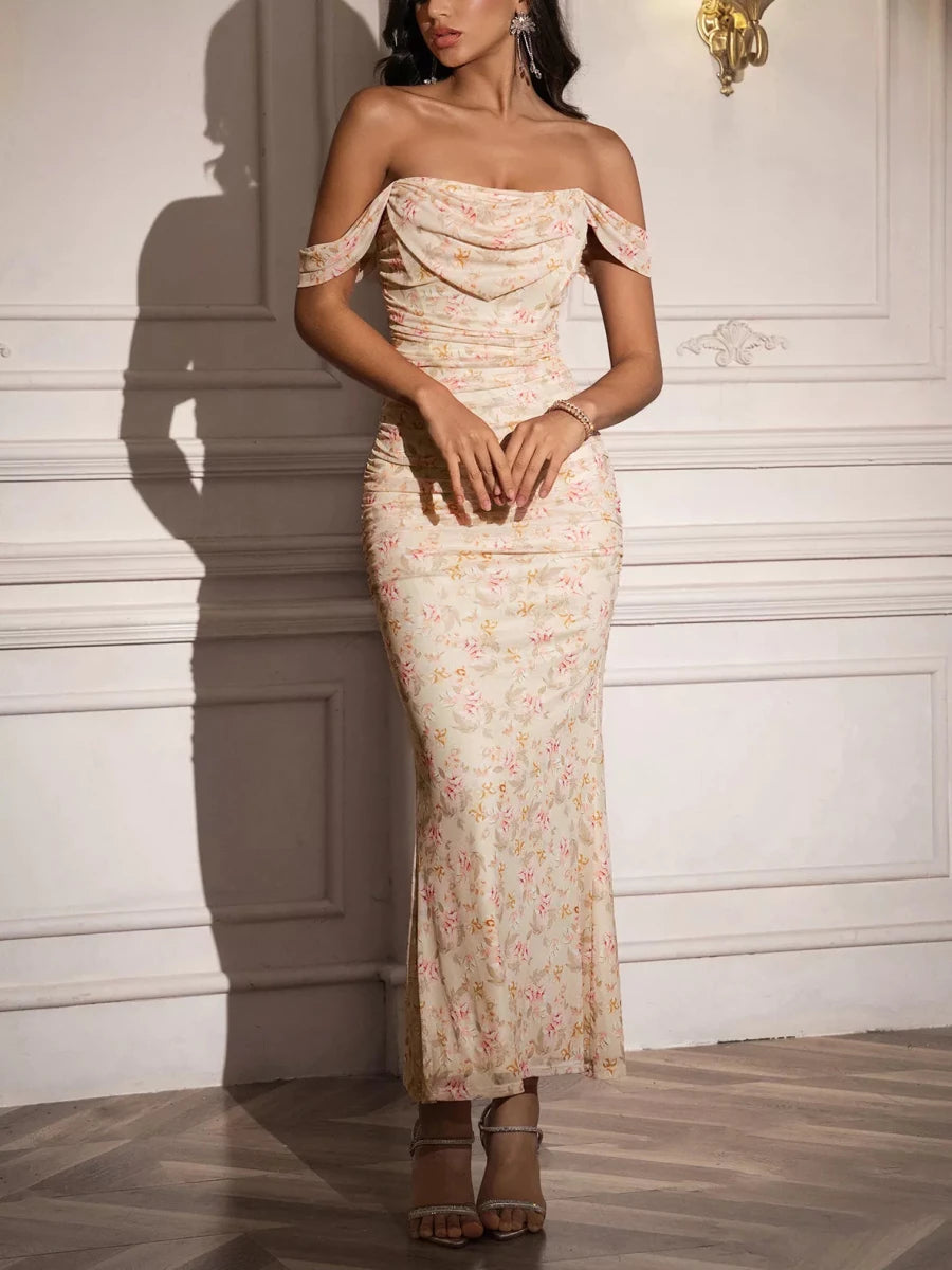 Off - Shoulder Ruched Floral Mermaid Dress - 