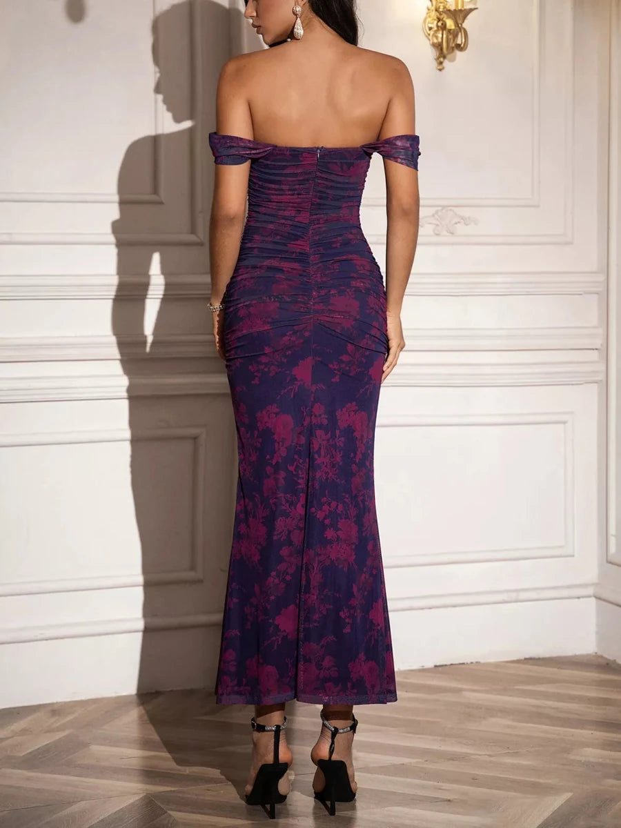 Off - Shoulder Ruched Floral Mermaid Dress - 