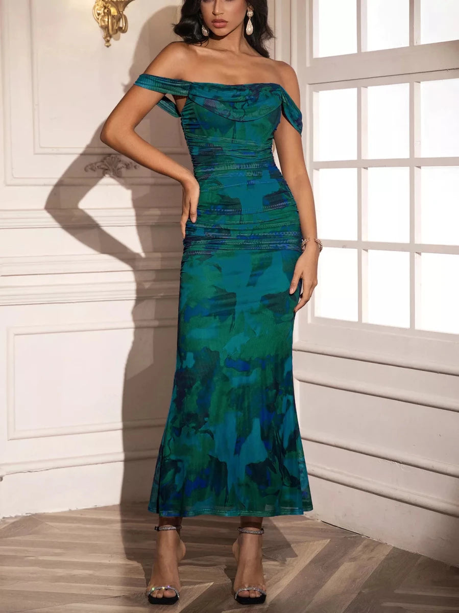 Off - Shoulder Ruched Floral Mermaid Dress - 