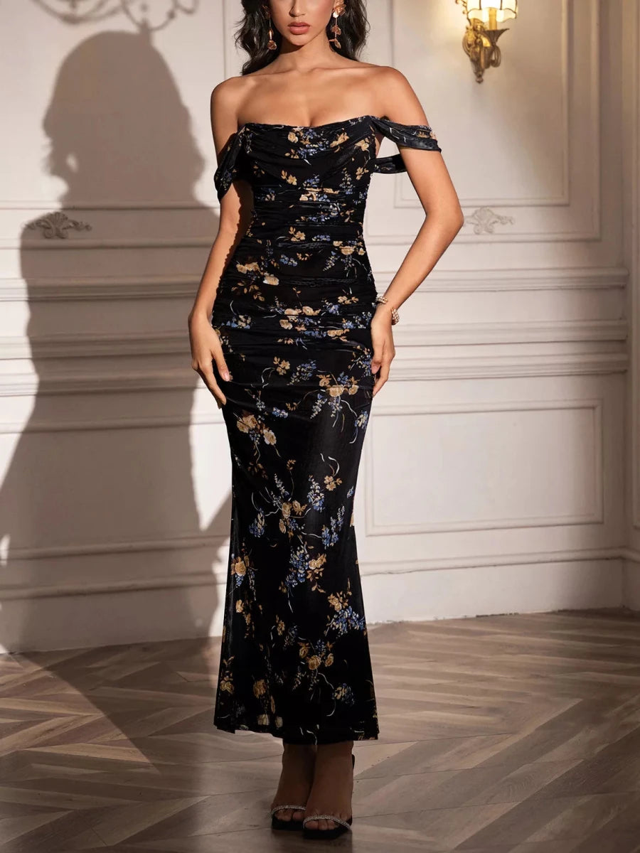 Off - Shoulder Ruched Floral Mermaid Dress - 