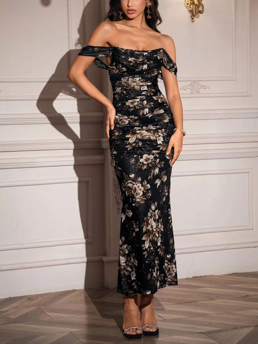 Off - Shoulder Ruched Floral Mermaid Dress - 