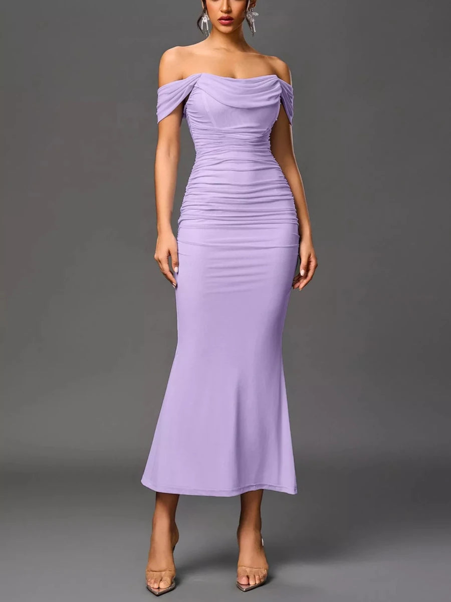 Off - Shoulder Ruched Mermaid Maxi Dress - 