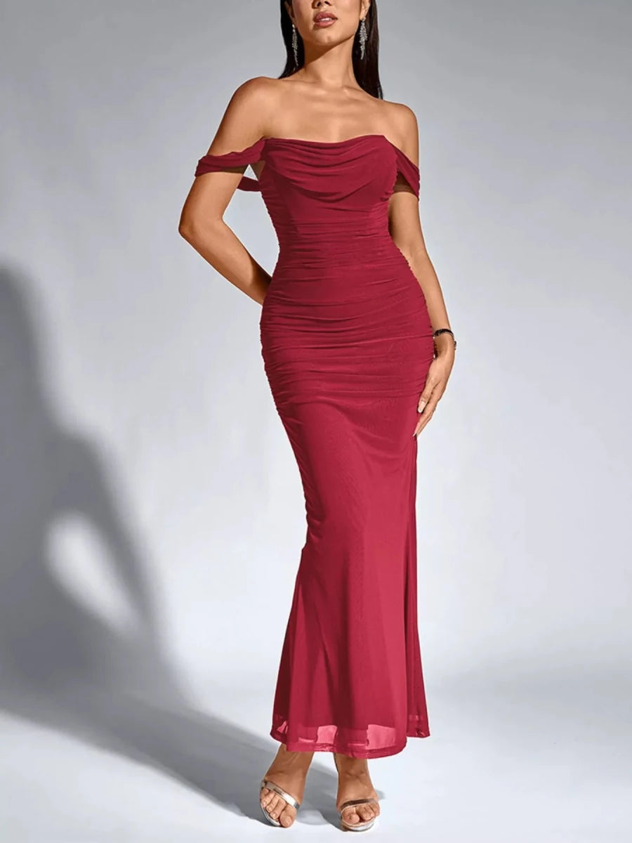 Off - Shoulder Ruched Mermaid Maxi Dress - 