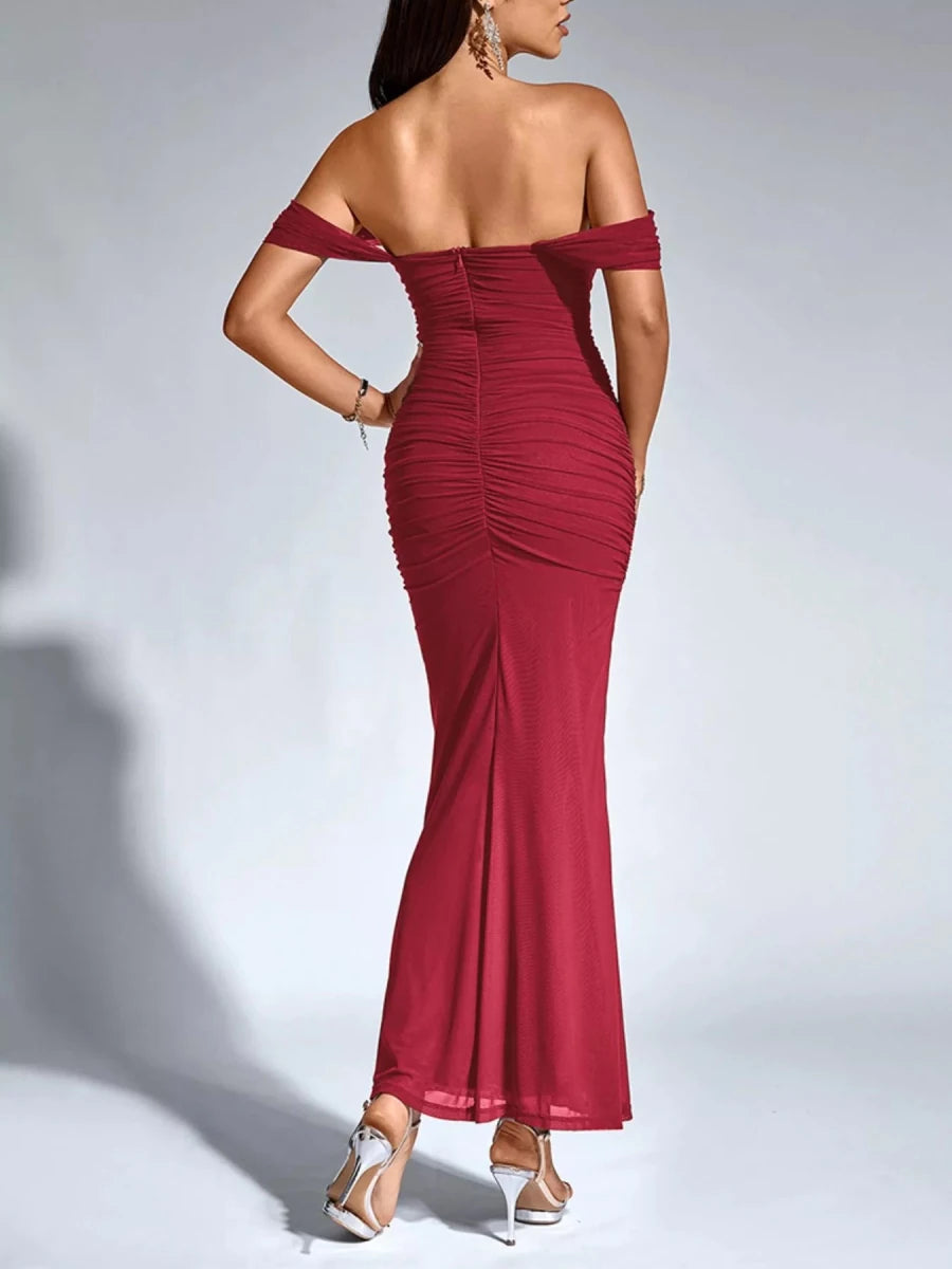 Off - Shoulder Ruched Mermaid Maxi Dress - 