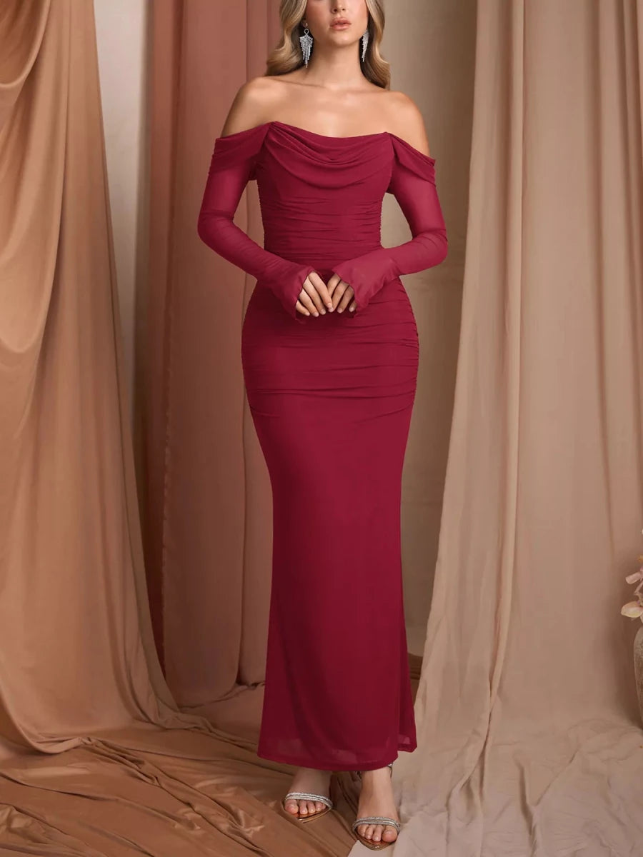 Off - Shoulder Ruched Mermaid Maxi Dress - 