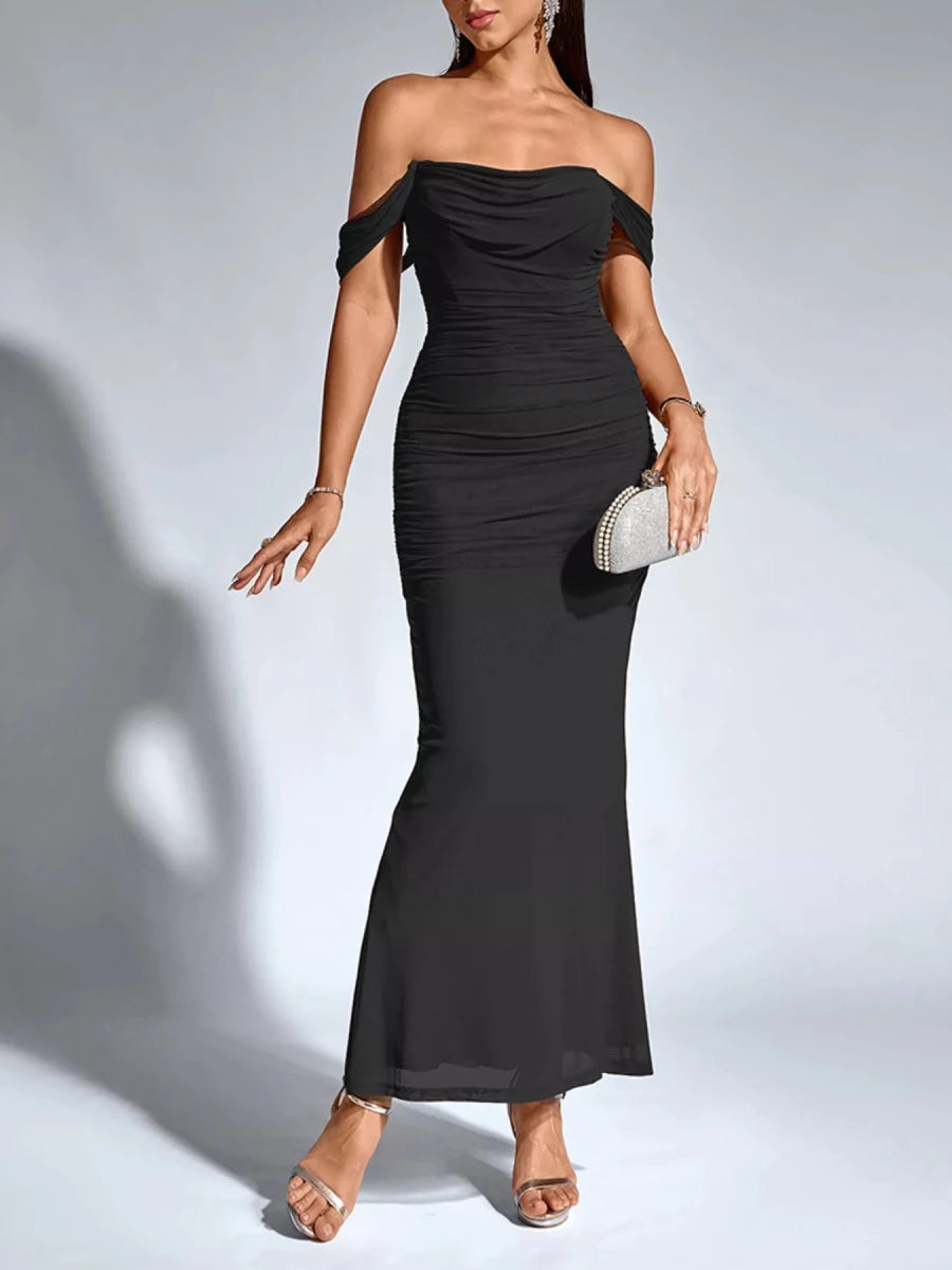Off - Shoulder Ruched Mermaid Maxi Dress - 