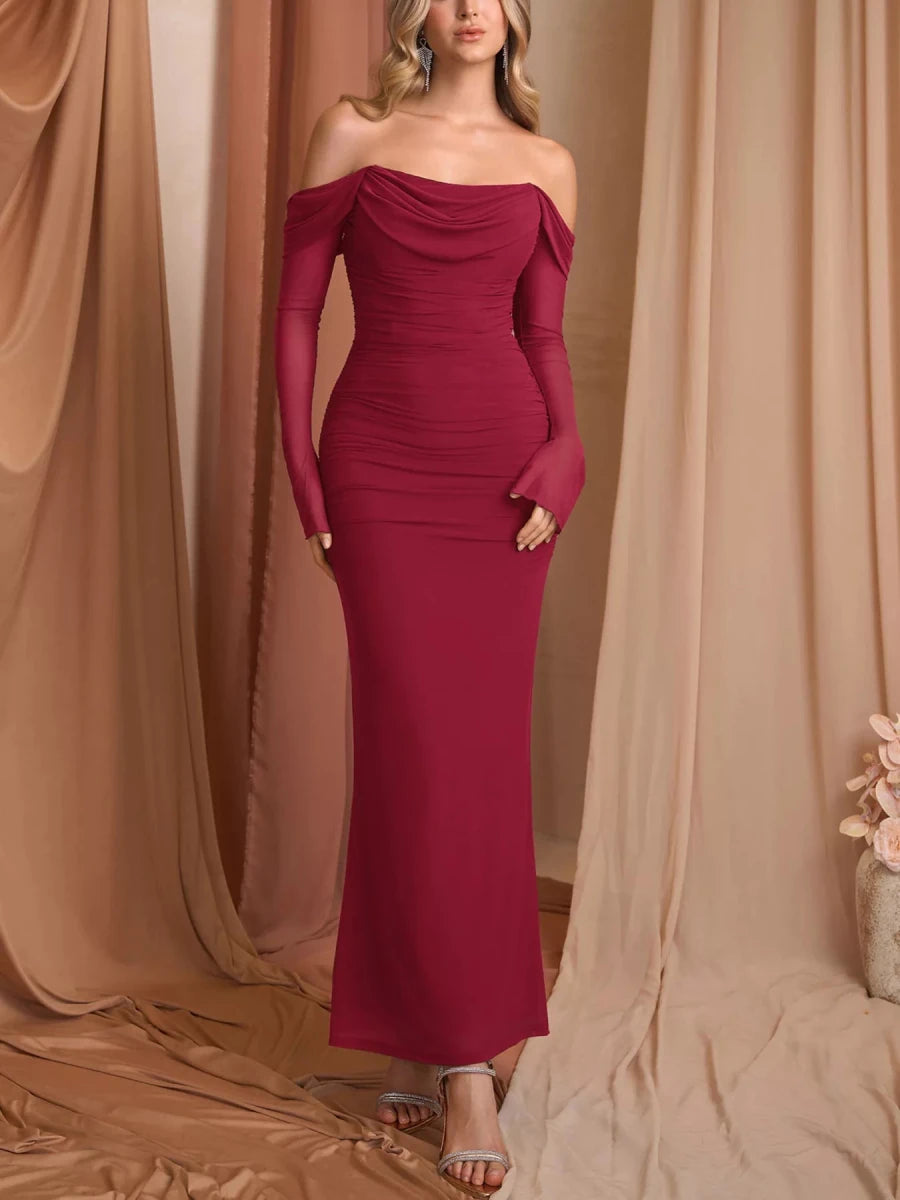 Off - Shoulder Ruched Mermaid Maxi Dress - 