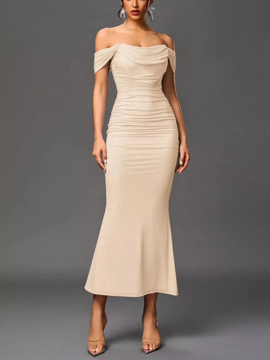 Off - Shoulder Ruched Mermaid Maxi Dress - 