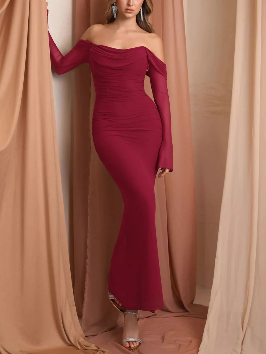 Off - Shoulder Ruched Mermaid Maxi Dress - 