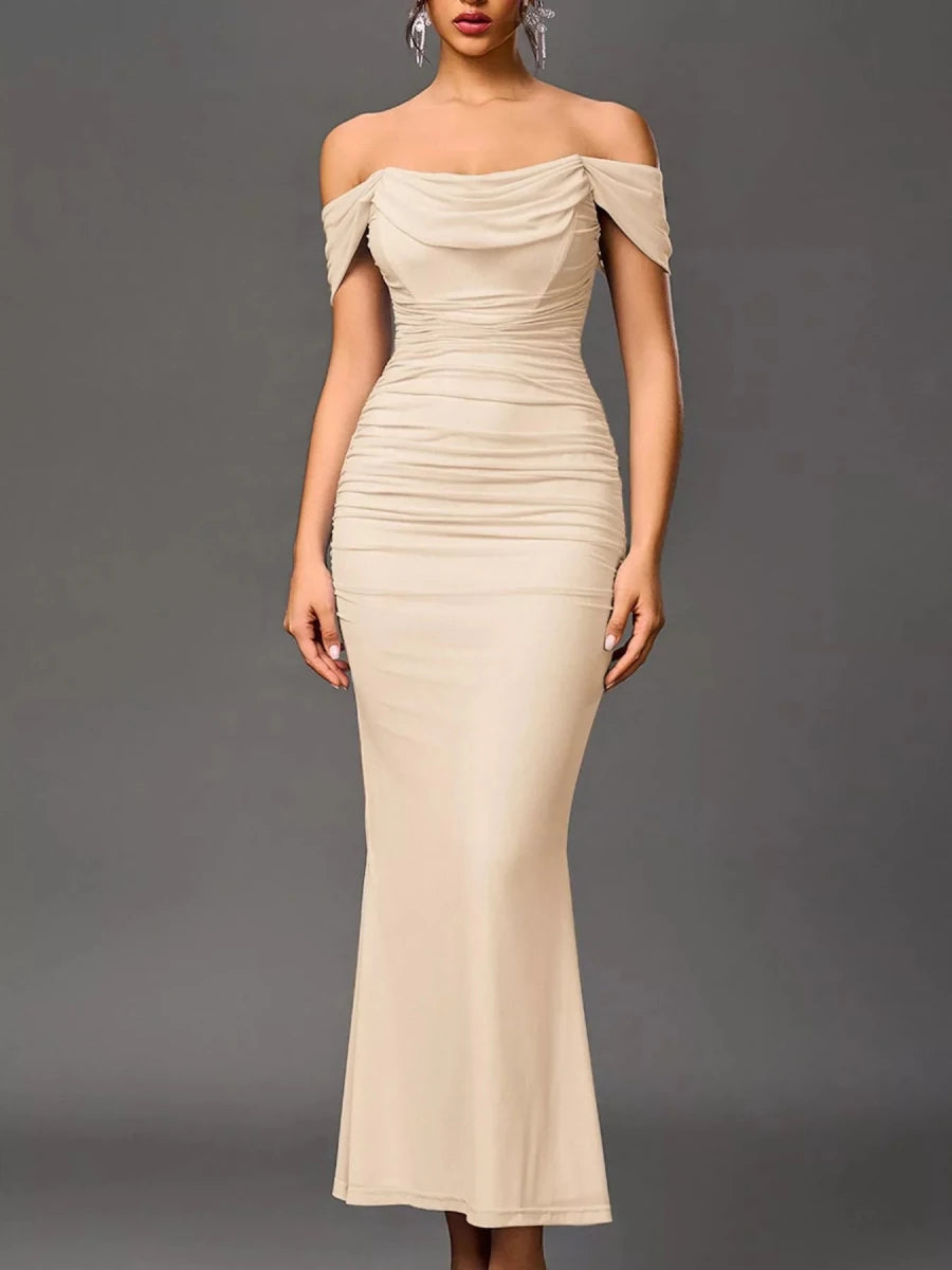 Off - Shoulder Ruched Mermaid Maxi Dress - 