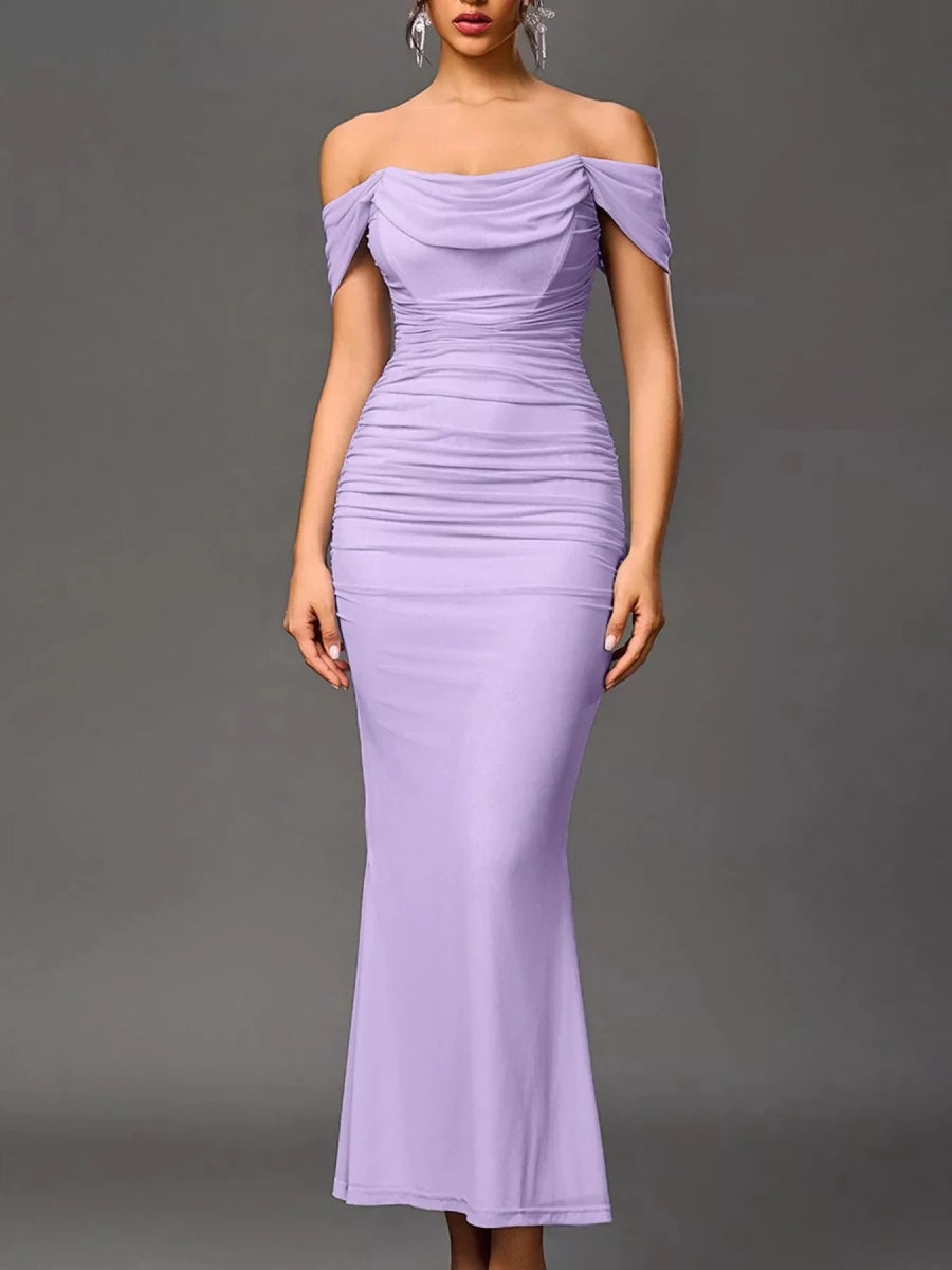Off - Shoulder Ruched Mermaid Maxi Dress - 