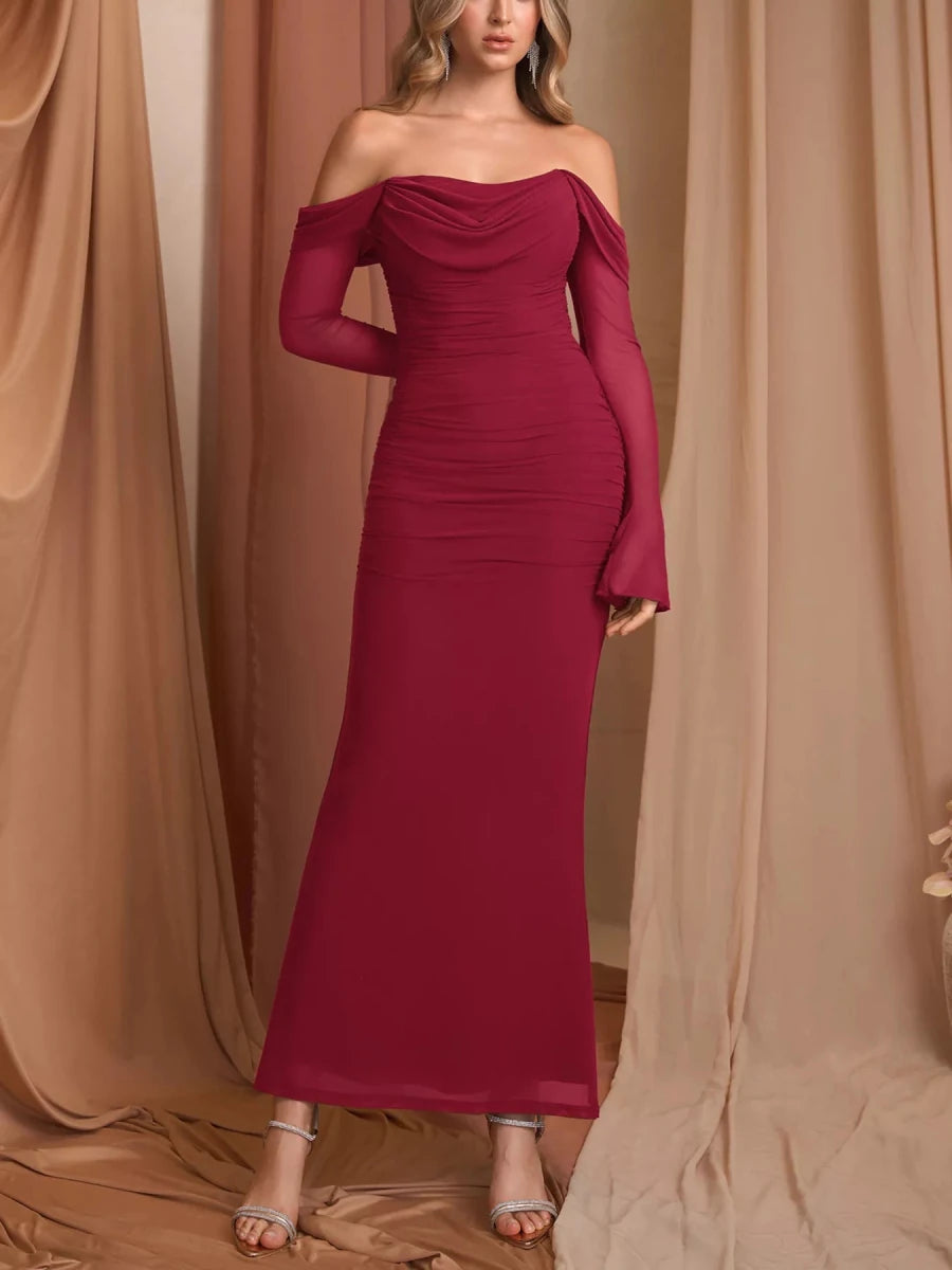 Off - Shoulder Ruched Mermaid Maxi Dress - 