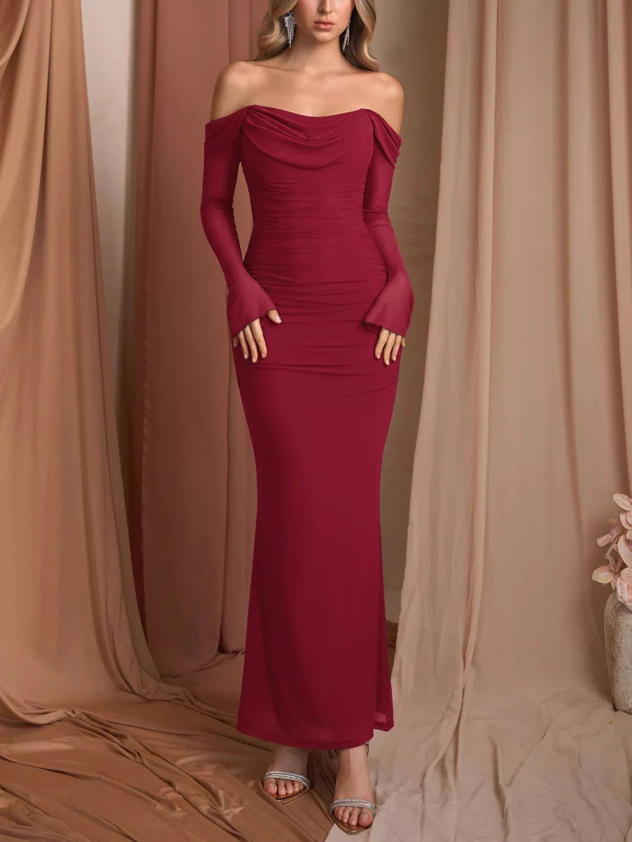 Off - Shoulder Ruched Mermaid Maxi Dress - 