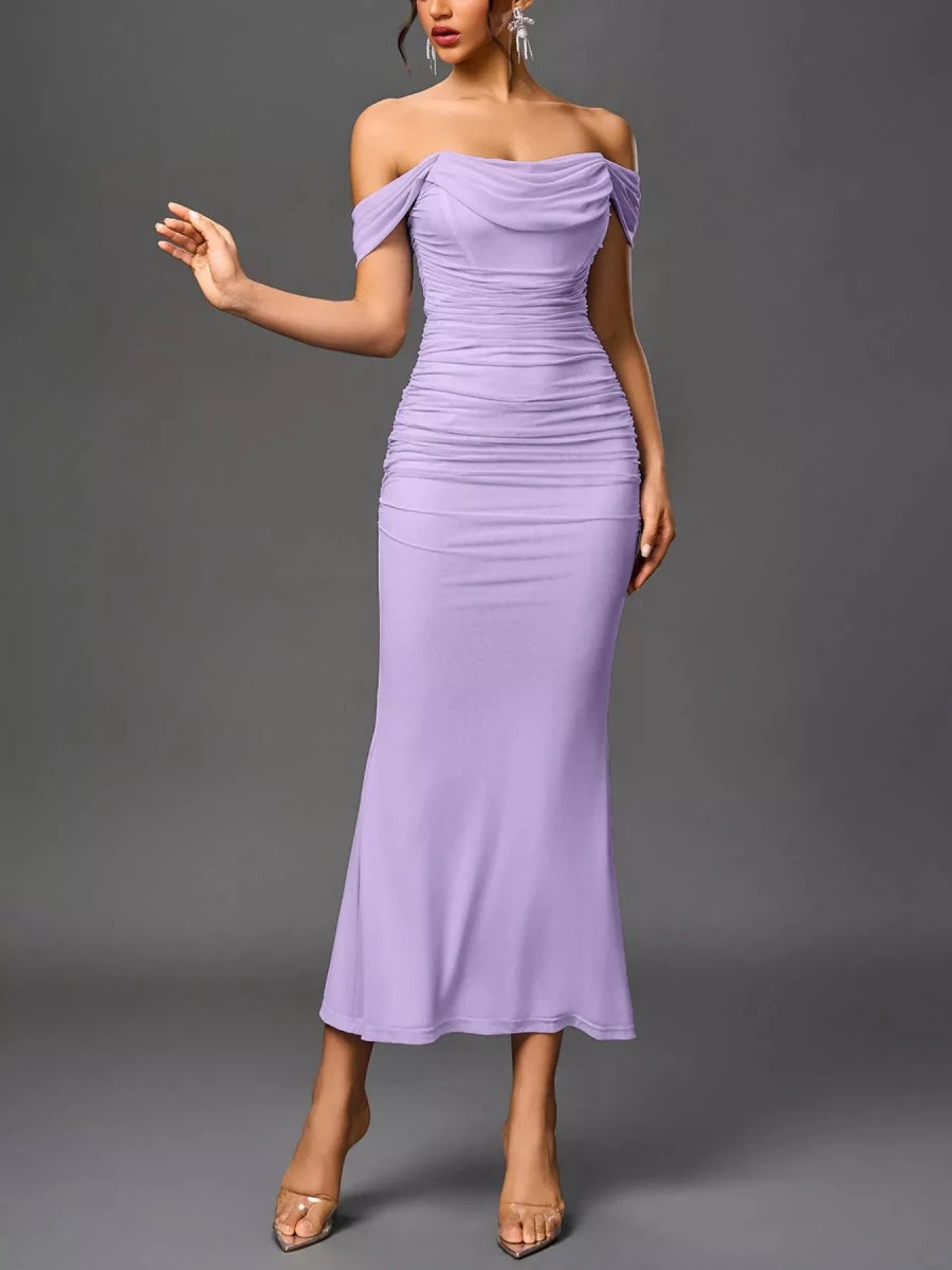 Off - Shoulder Ruched Mermaid Maxi Dress - 