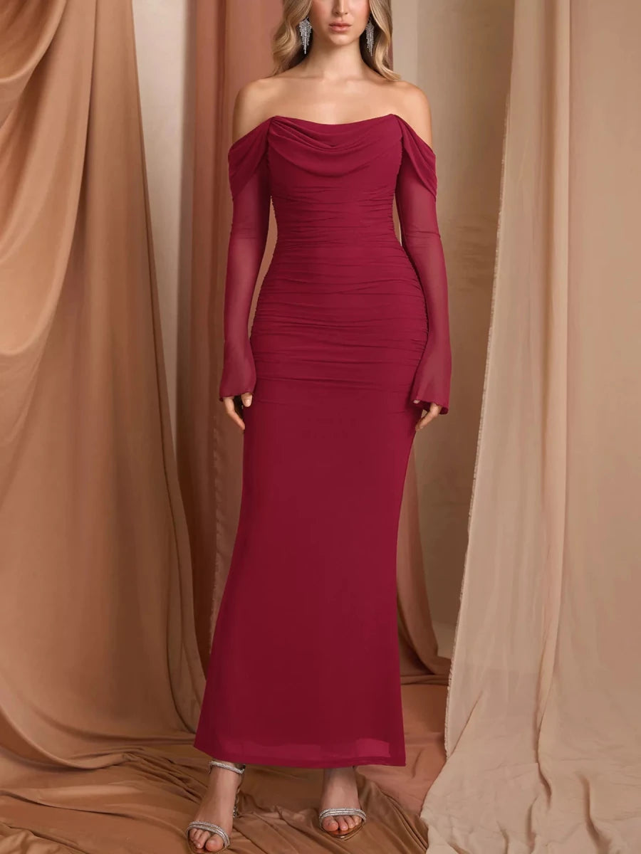 Off - Shoulder Ruched Mermaid Maxi Dress - 