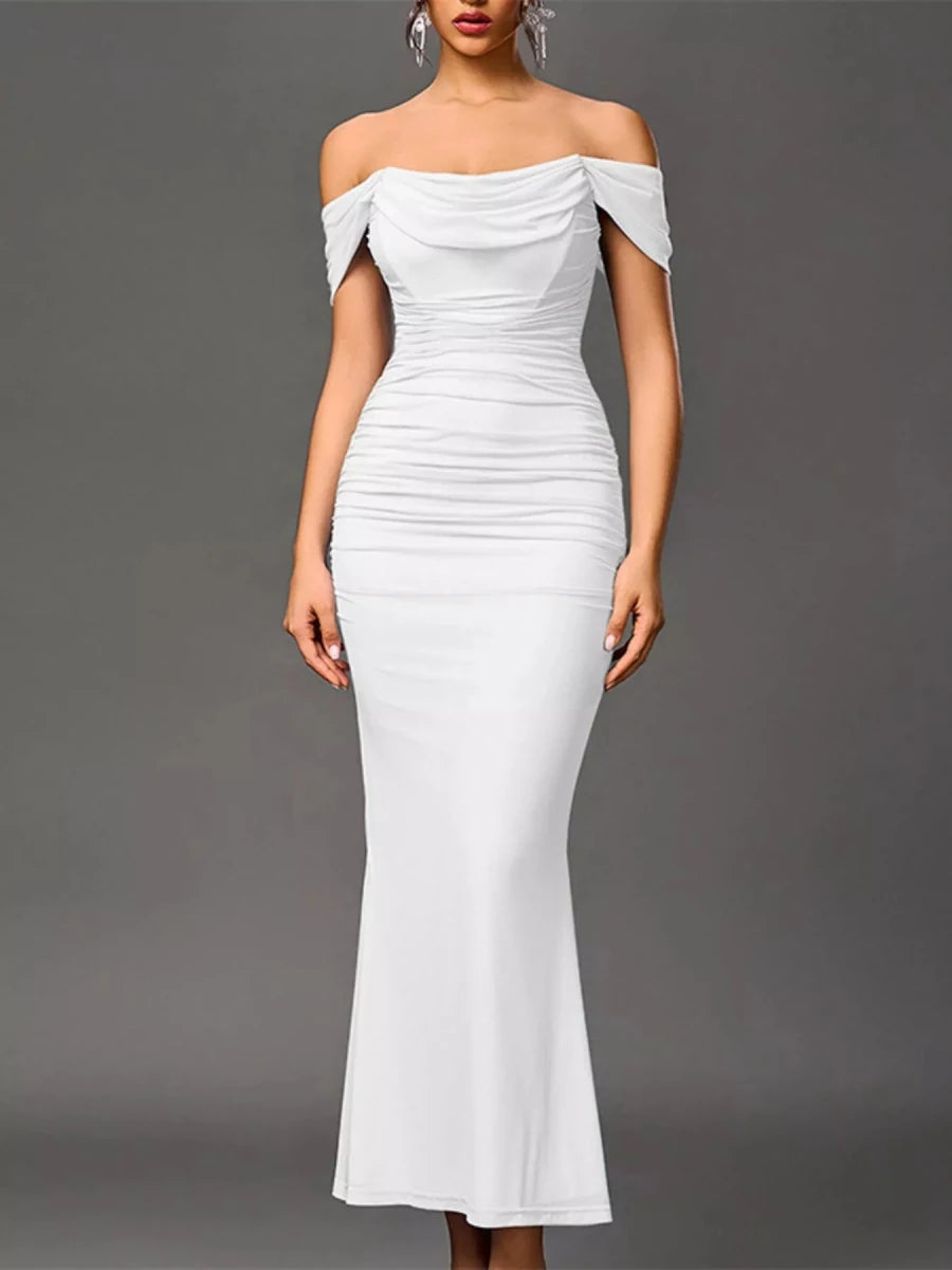 Off - Shoulder Ruched Mermaid Maxi Dress - 