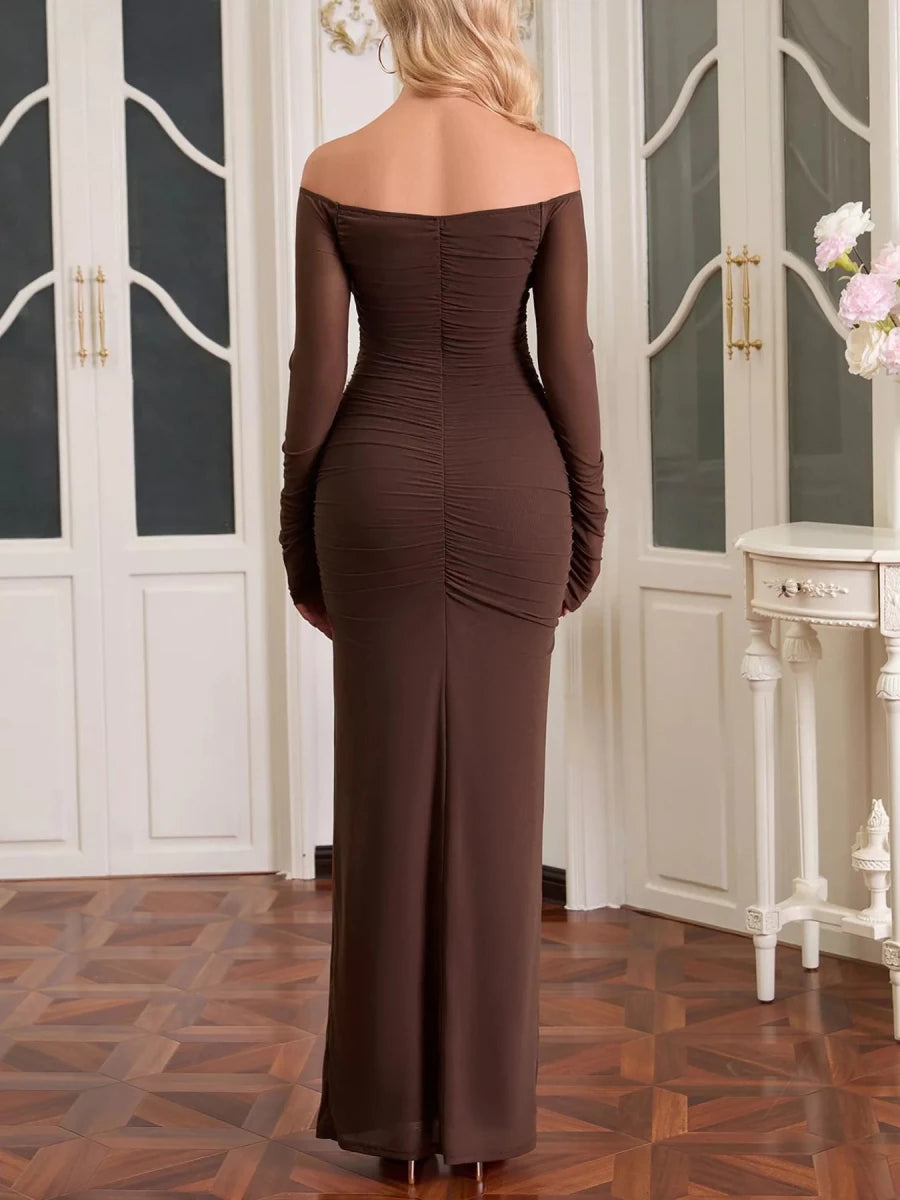 Off - Shoulder Ruched Mesh Long Sleeve Maxi Dress - 