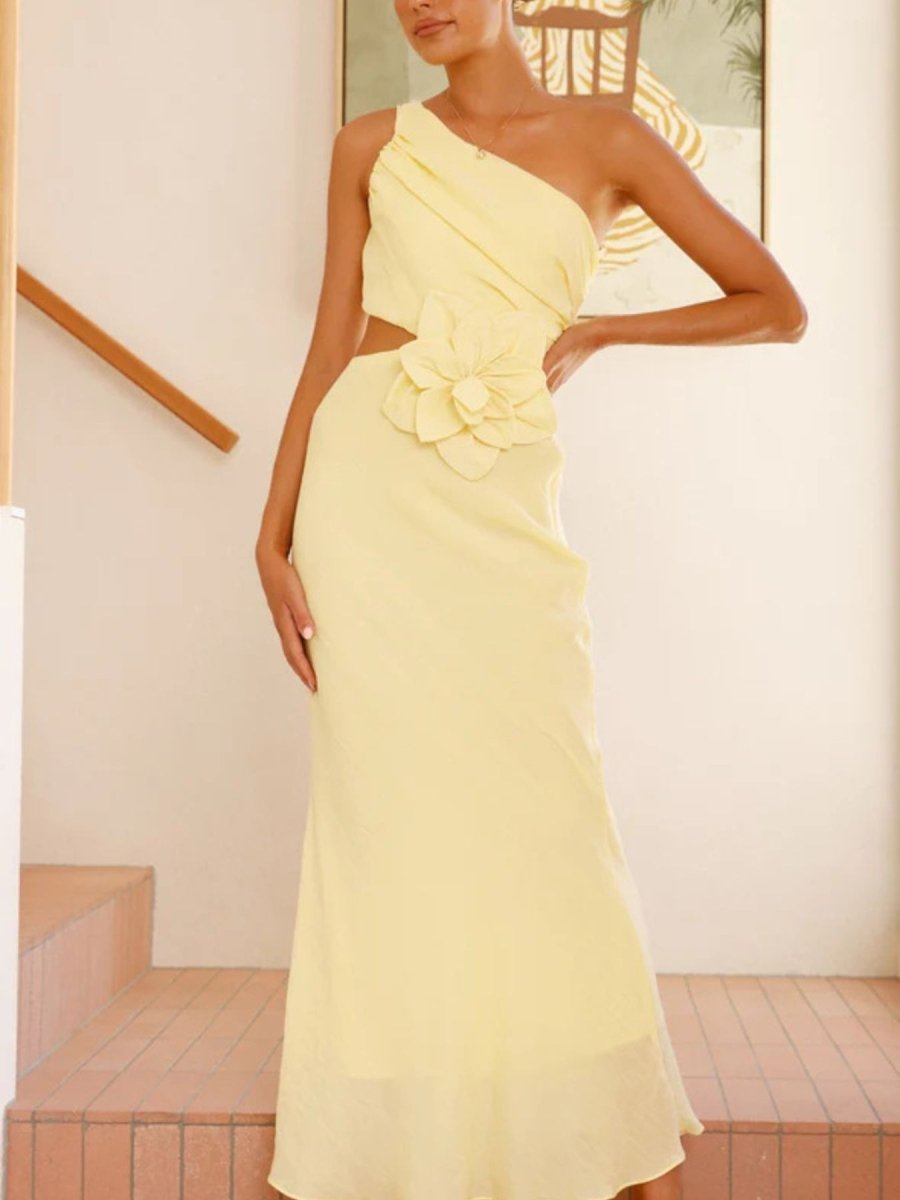 One - Shoulder Floral Cutout Dress - 