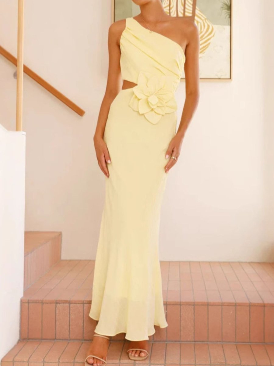 One - Shoulder Floral Cutout Dress - 