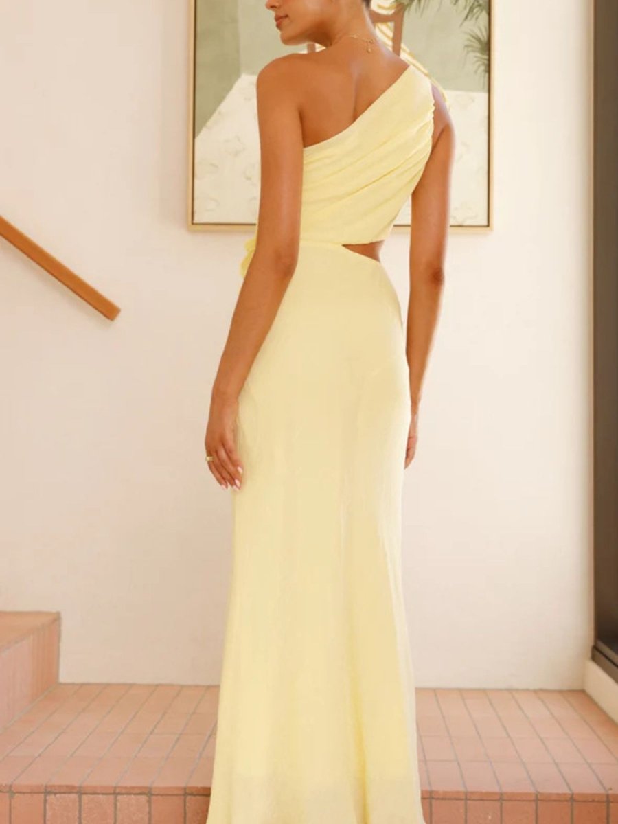 One - Shoulder Floral Cutout Dress - 