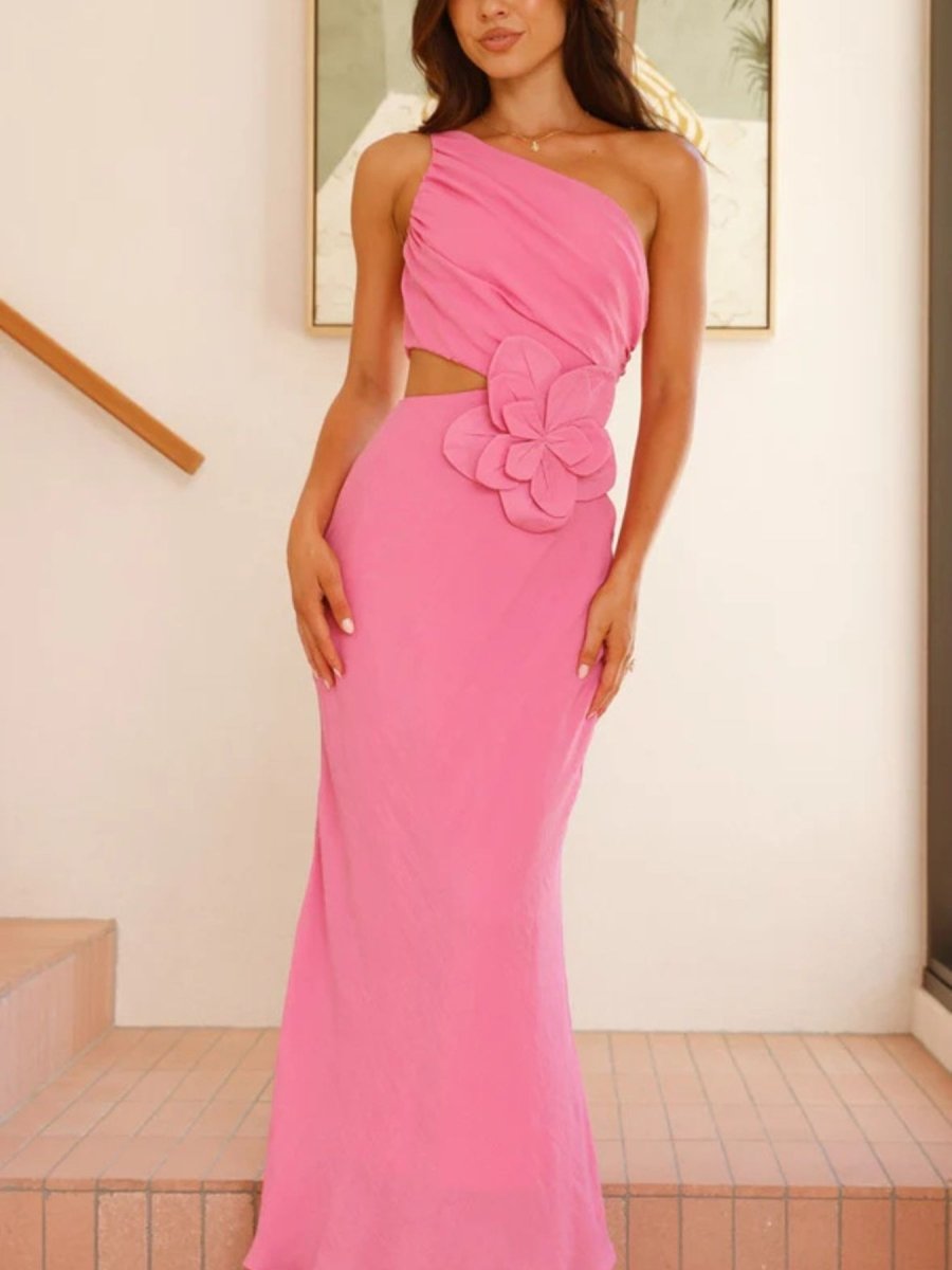 One - Shoulder Floral Cutout Dress - 