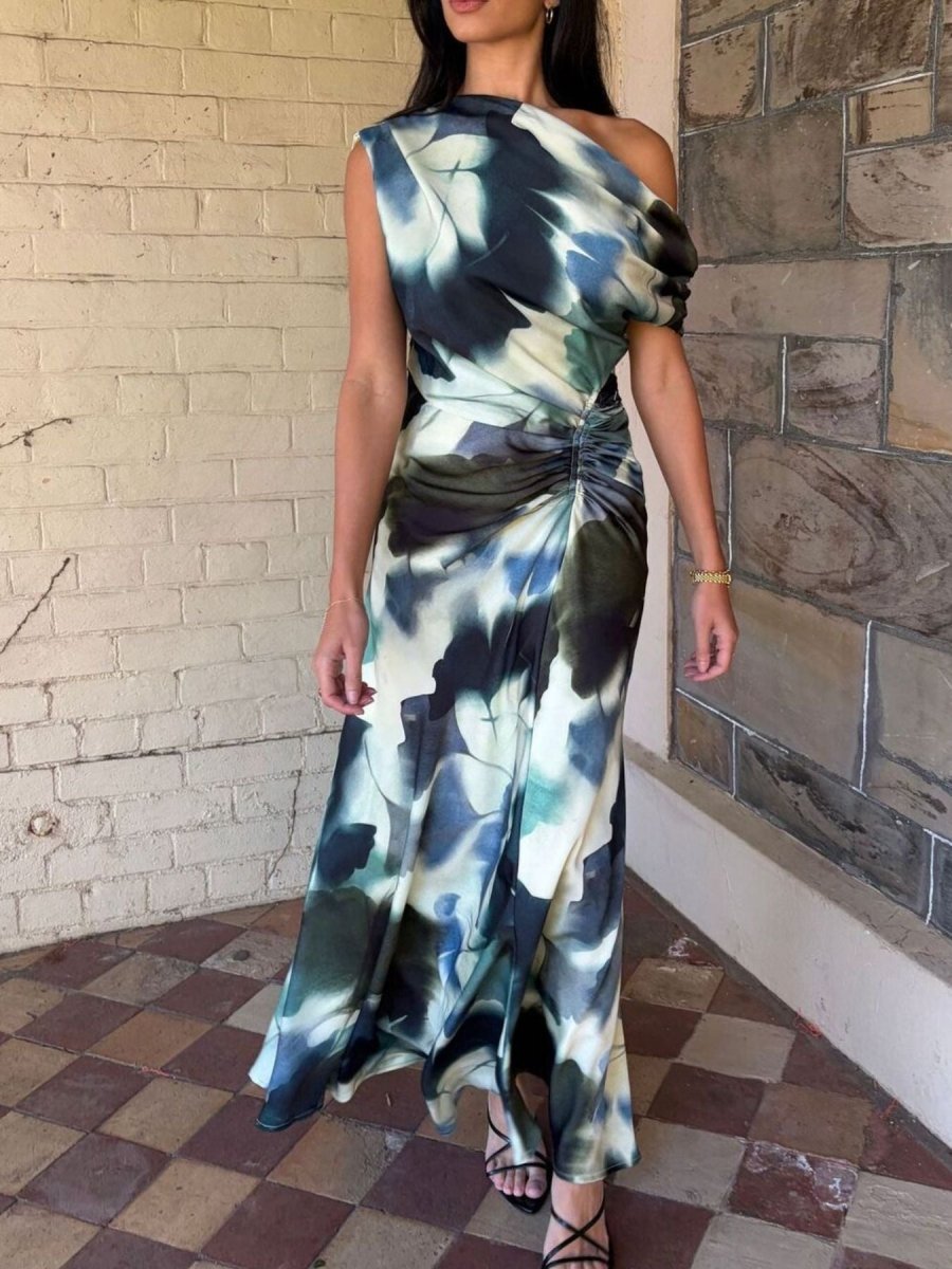 One - Shoulder Floral Print Maxi Dress - 
