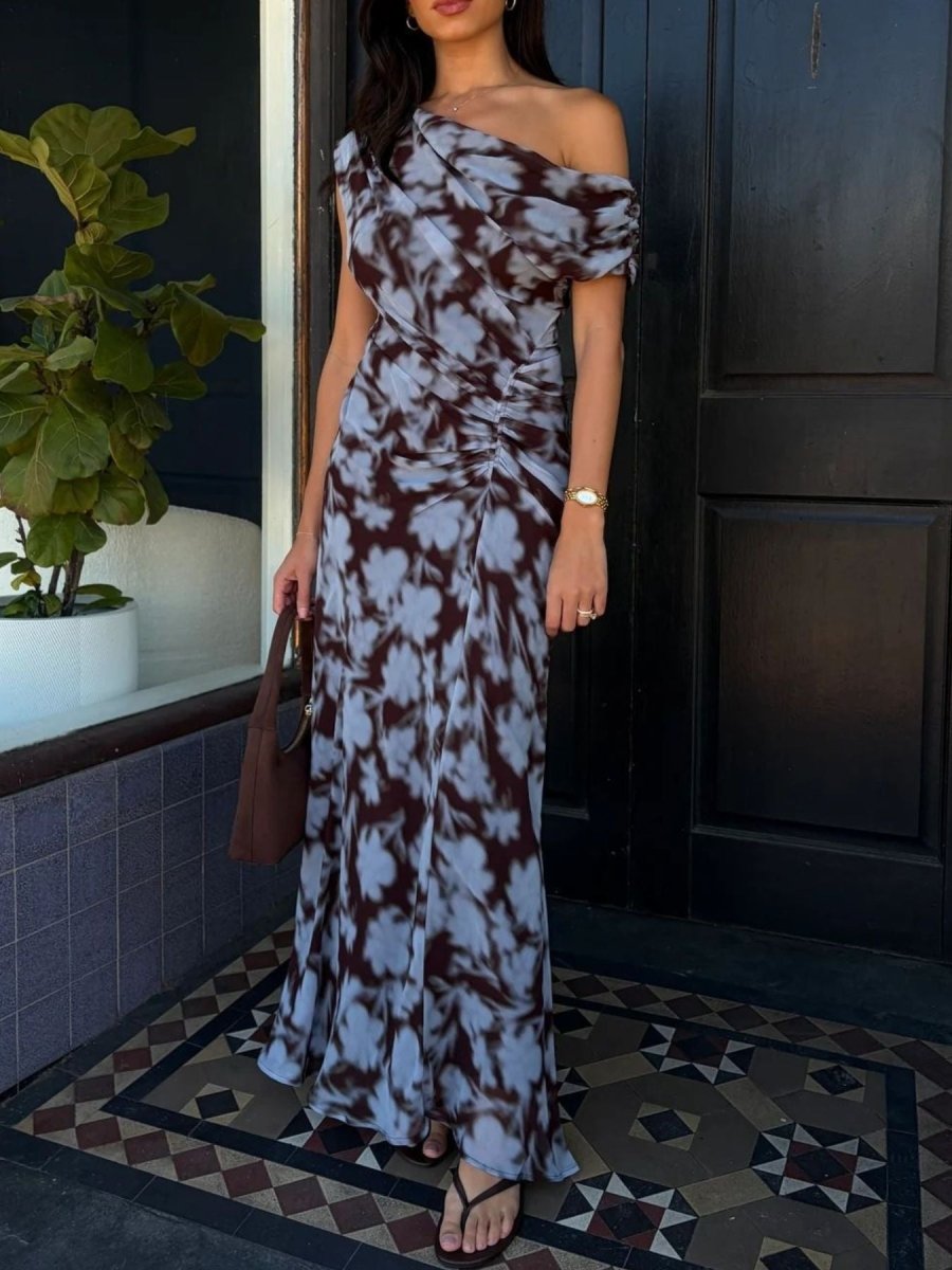 One - Shoulder Floral Print Maxi Dress - 