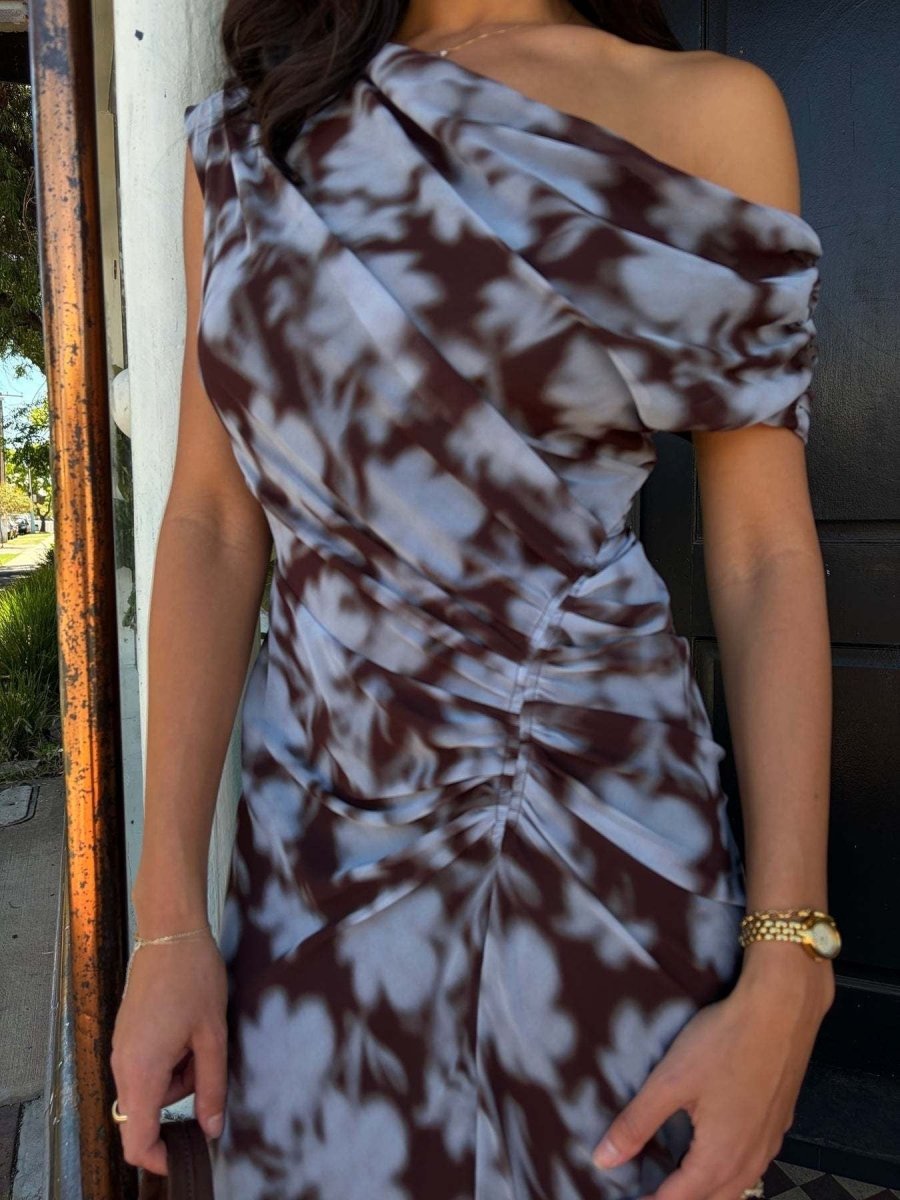 One - Shoulder Floral Print Maxi Dress - 