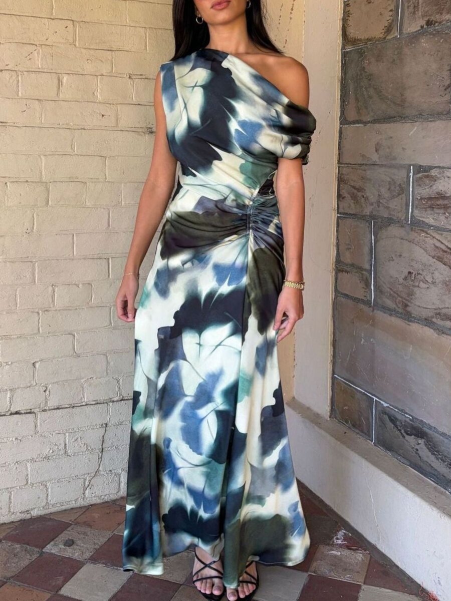 One - Shoulder Floral Print Maxi Dress - 