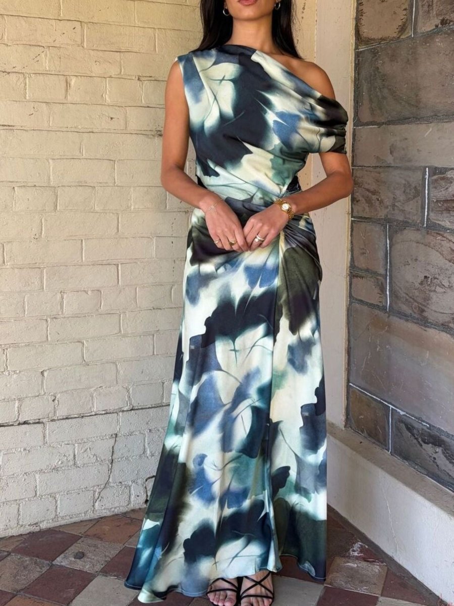 One - Shoulder Floral Print Maxi Dress - 