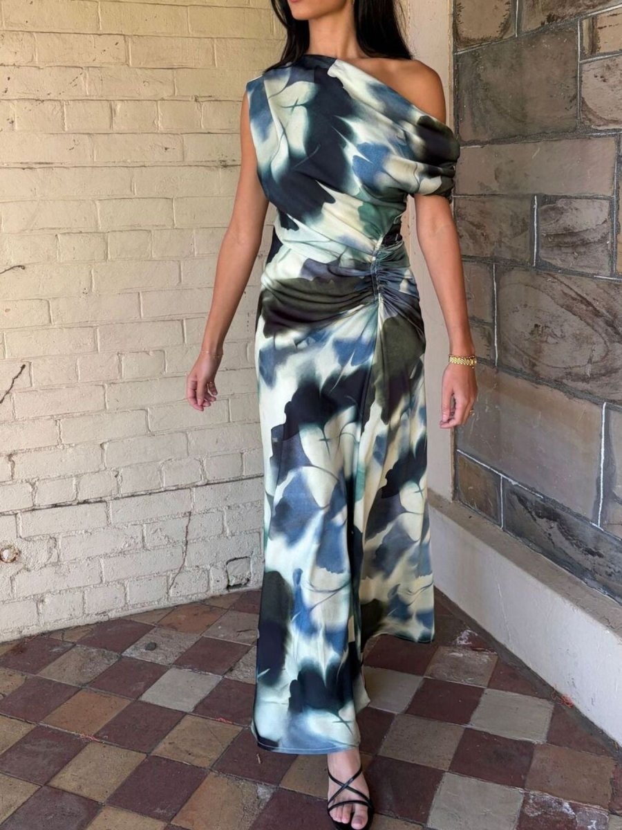 One - Shoulder Floral Print Maxi Dress - 