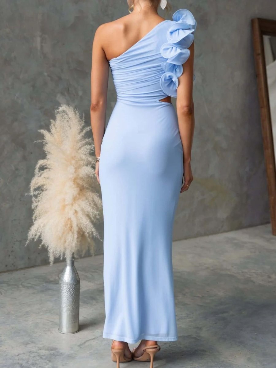 One - Shoulder Floral Trim Sleeveless Maxi Dress - 