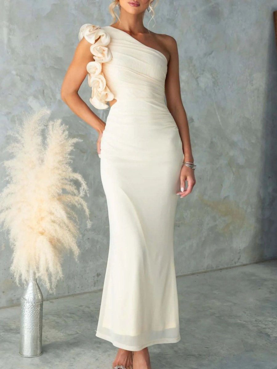 One - Shoulder Floral Trim Sleeveless Maxi Dress - 